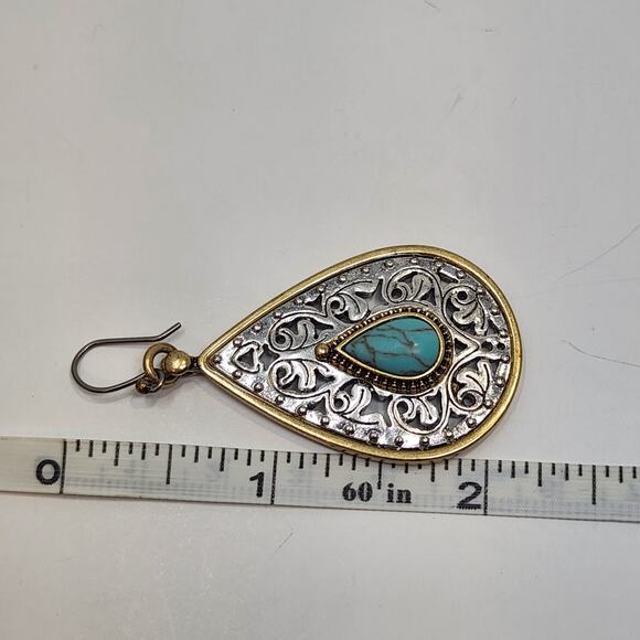 Lucky Brand Two Tone Faux Turquoise Teardrop Drop Hook Earrings Boho Western - Picture 5 of 5